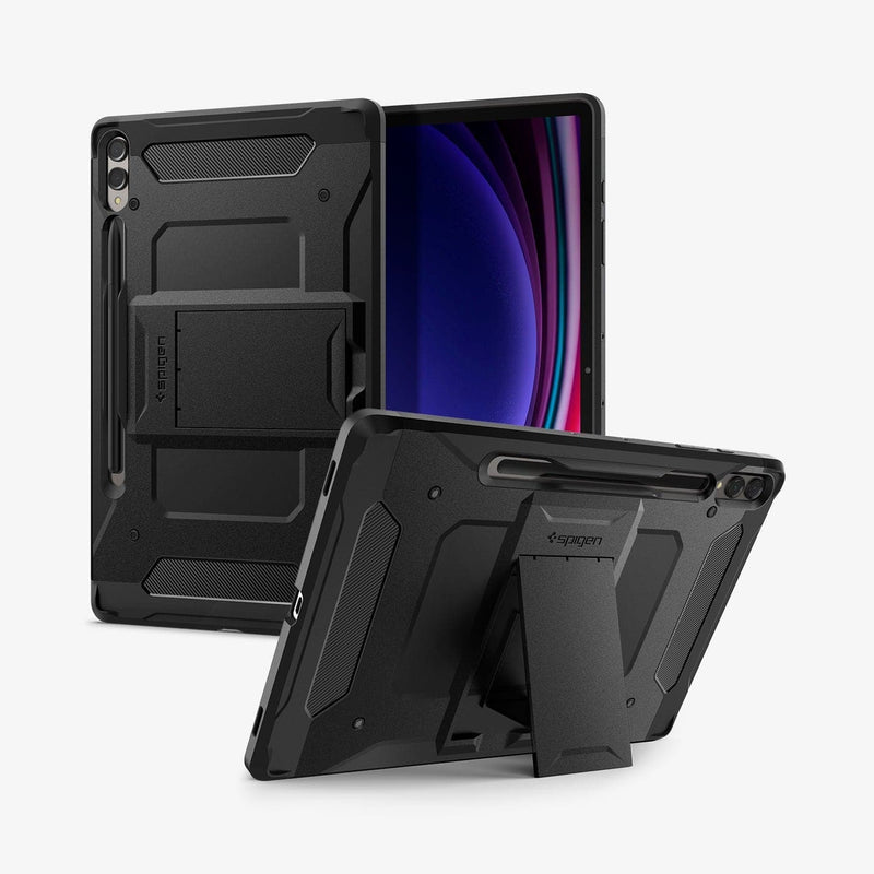 ACS06835 - Galaxy Tab S9+ Case Tough Armor Pro in black showing the back, front and device propped up by built in kickstand