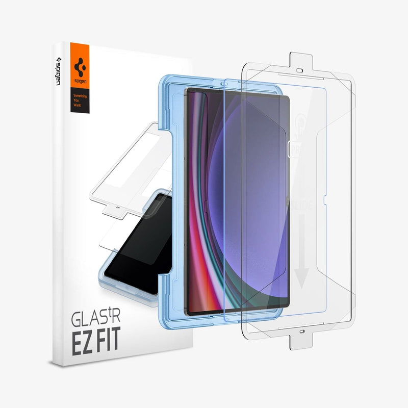 AGL06998 - Galaxy Tab S9 Ultra Screen Protector EZ FIT GLAS.tR showing the device, screen protector, ez fit tray and packaging