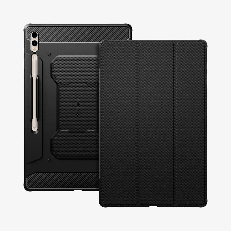 ACS06538 - Galaxy Tab S9 Ultra Case Rugged Armor Pro in black showing the back and front