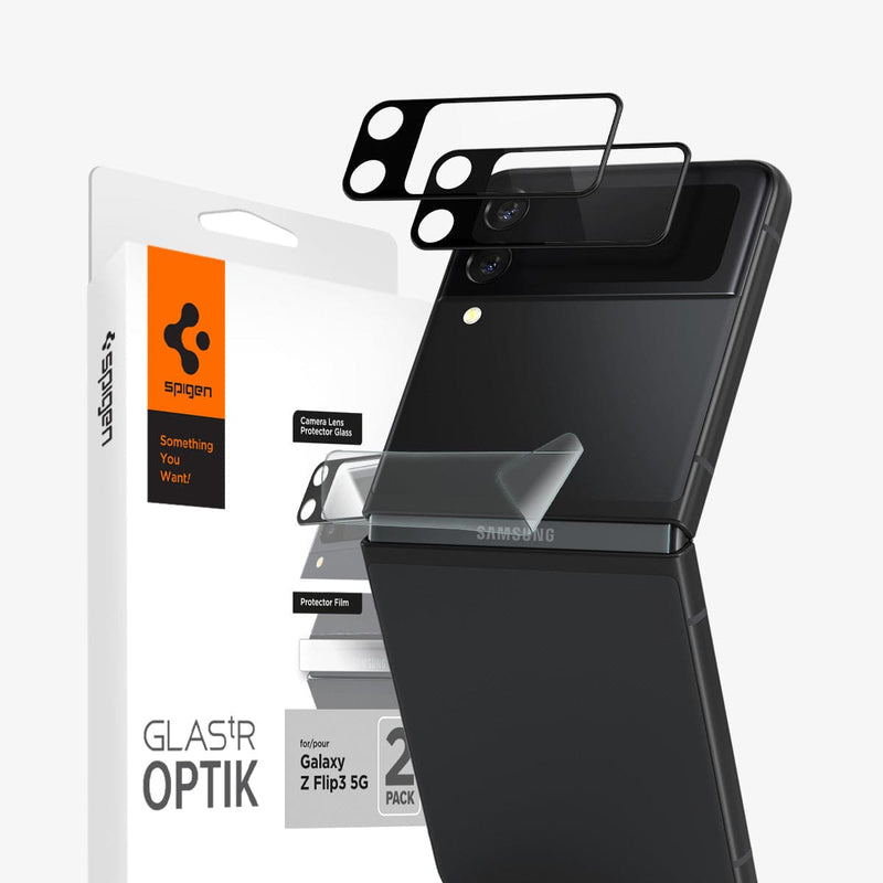 AGL03155 - Galaxy Z Flip 3 Optik Lens Protector + Hinge Film showing the lens protector, hinge film and packaging