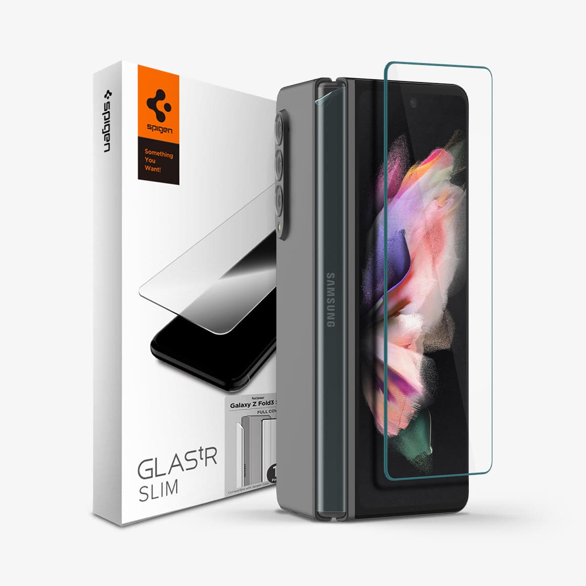AGL03836 - Galaxy Z Fold 3 Screen Protector GLAS.tR Full Cover Glass + Hinge Film showing the packaging, device, tempered glass screen protector and hinge film