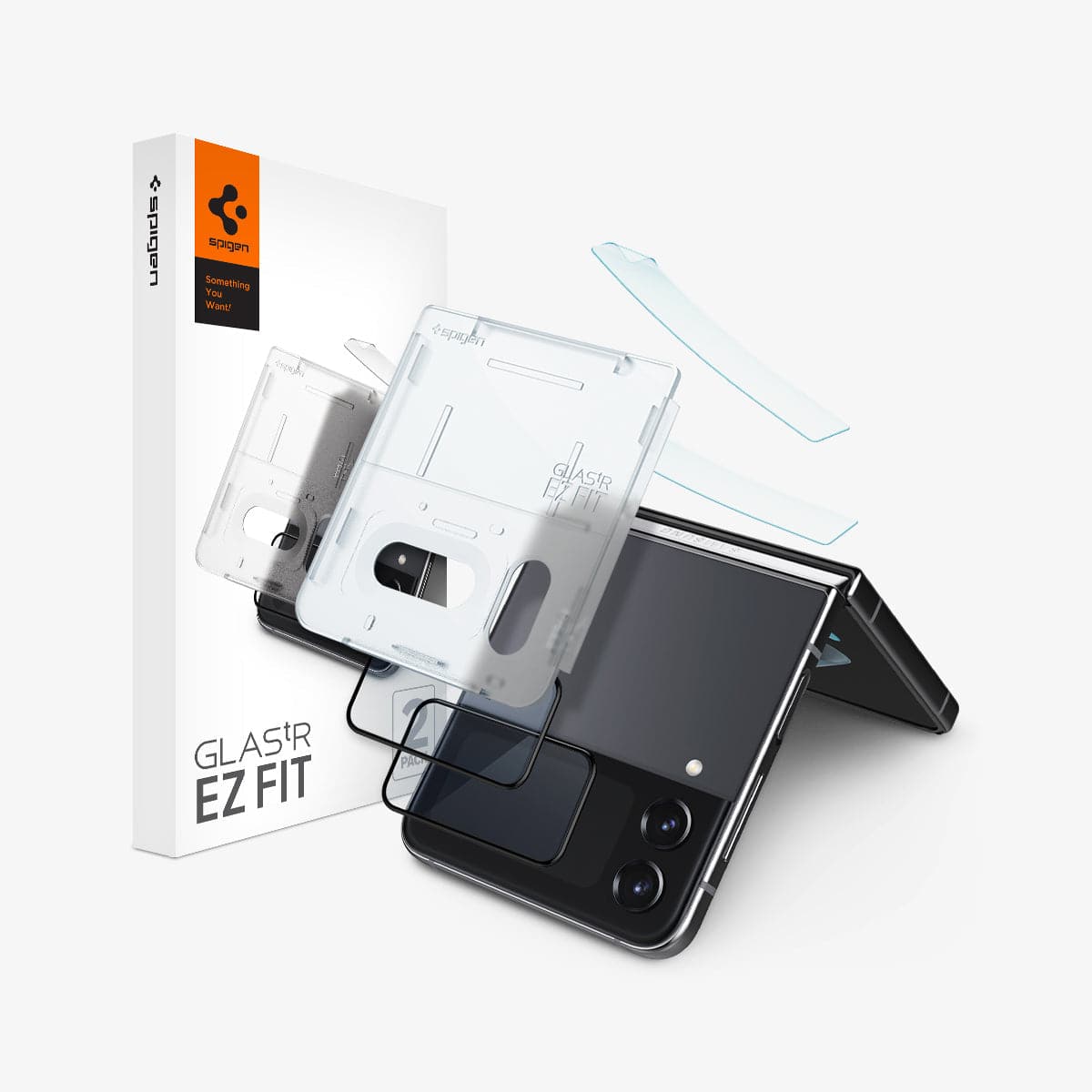 AGL05321 - Galaxy Z Flip 4 Screen Protector GLAS.tR Full Cover Glass + Hinge Film showing the device, two screen protector, hinge film, ez fit tray and packaging
