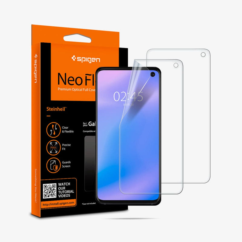 609FL25694 - Galaxy S10e Neo Flex Screen Protector showing the device, two screen protectors and packaging
