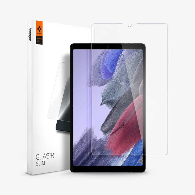 AGL03003 - Galaxy Tab A7 Lite Screen Protector GLAS.tR SLIM showing the device, screen protector and packaging