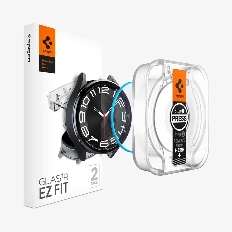 AGL07067 - Galaxy Watch 6 Classic (43mm) Screen Protector EZ FIT GLAS.tR showing the watch face, screen protector, ez fit tray and packaging
