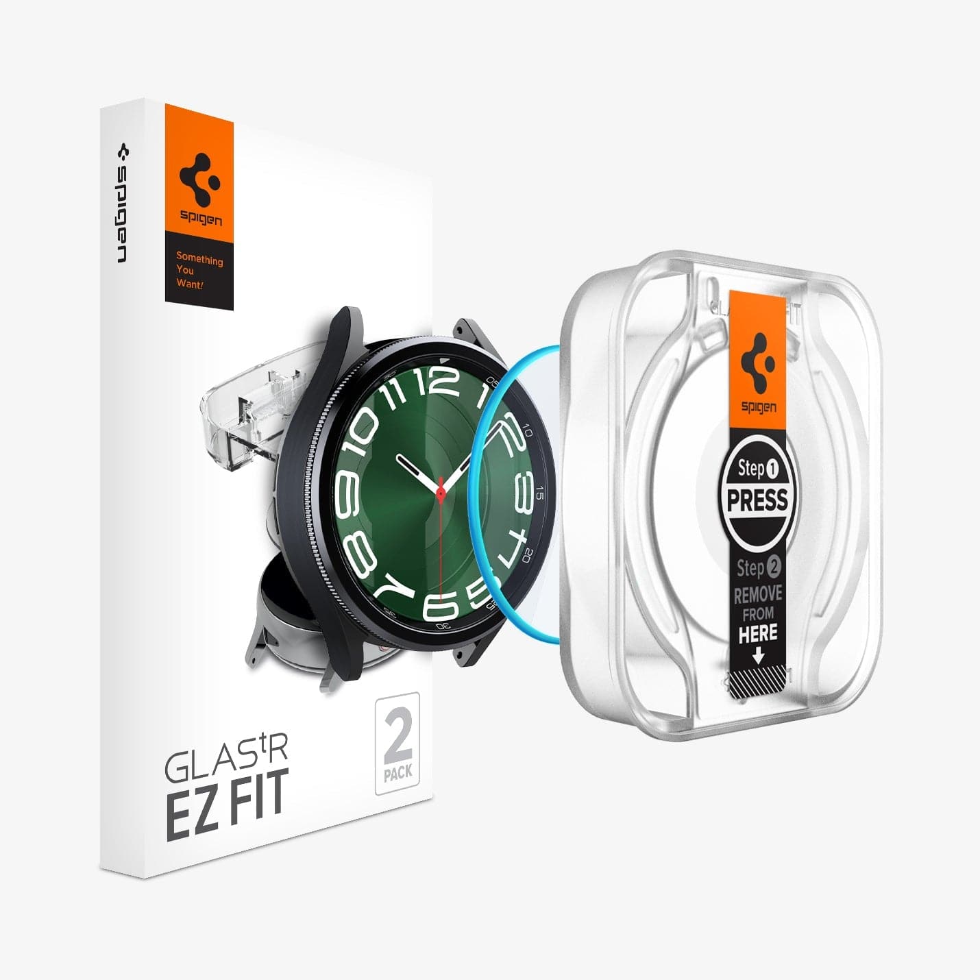 AGL07066 - Galaxy Watch 6 Classic (47mm) Screen Protector EZ FIT GLAS.tR showing the watch face, screen protector, ez fit tray and packaging