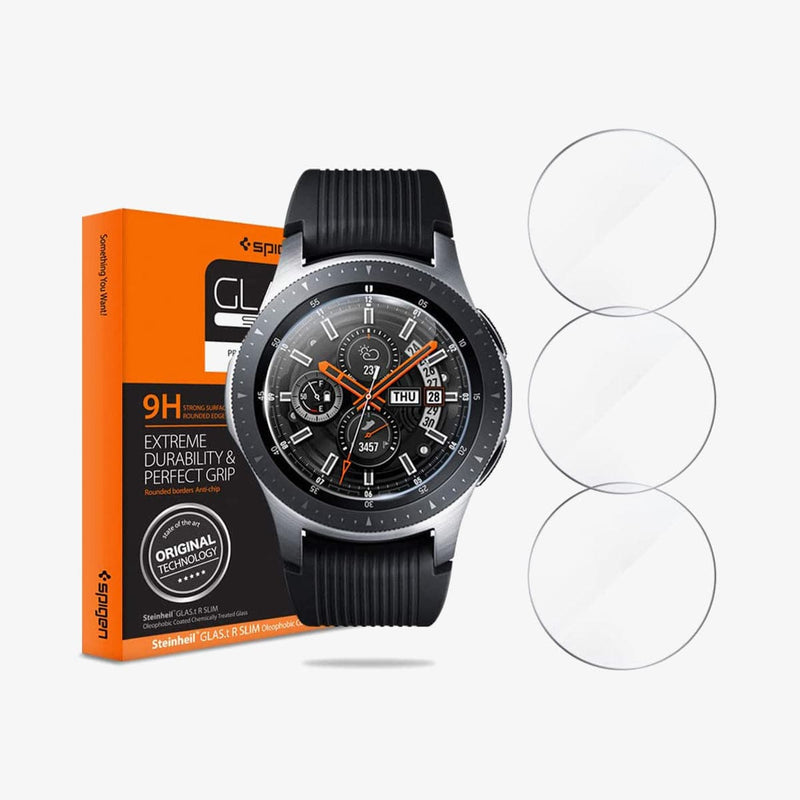 603GL25967 - Galaxy Watch (46mm) Screen Protector GLAS.tR SLIM showing the watch, three screen protectors and packaging