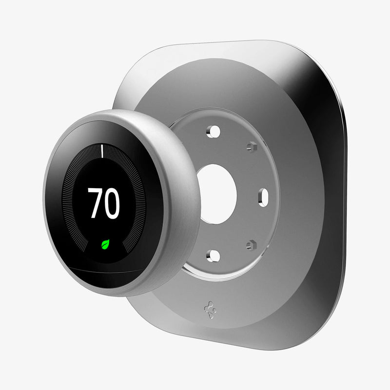AHP03712 - Google Nest Learning Thermostat 3G Wall Plate in stainless steel showing the google nest hovering in front of wall plate
