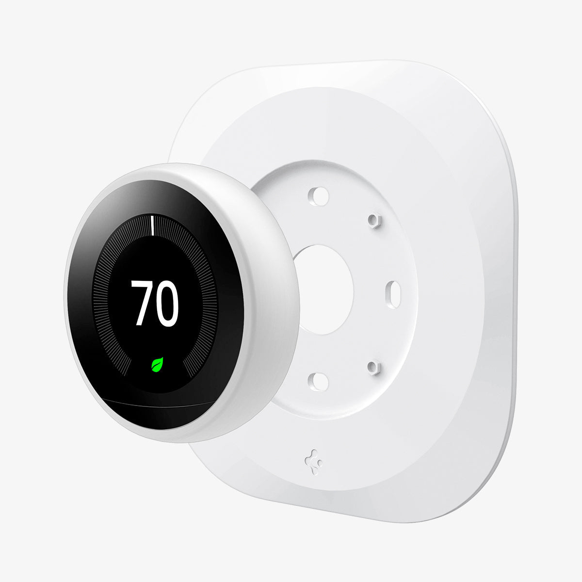 AHP03710 - Google Nest Learning Thermostat 3G Wall Plate in white showing the google nest hovering in front of the wall plate