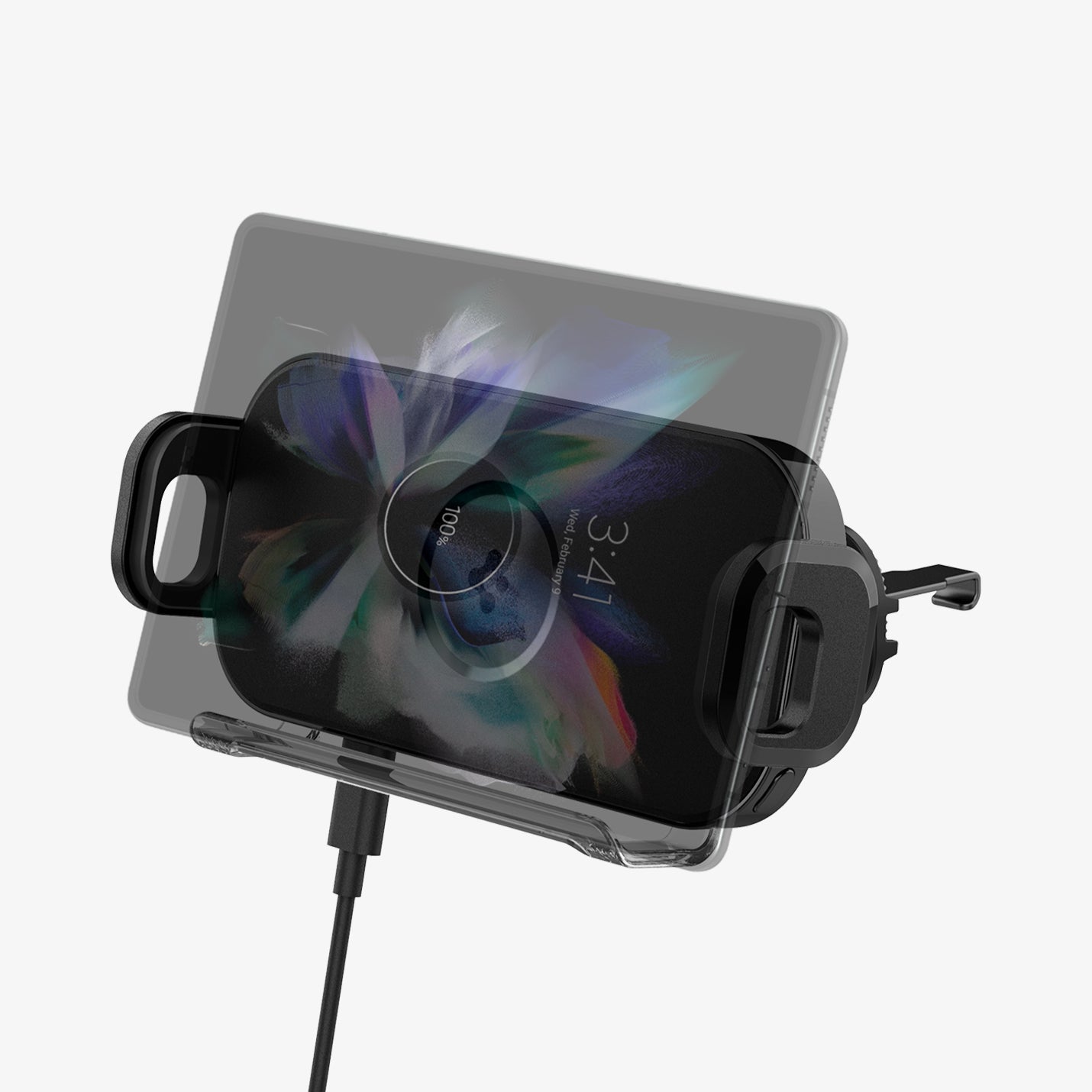 ACP04279 - GTS12W OneTap Wireless Galaxy Fold Car Mount Airvent in black showing the car mount extended with a mosaic of the Z Fold 4 horizontally.