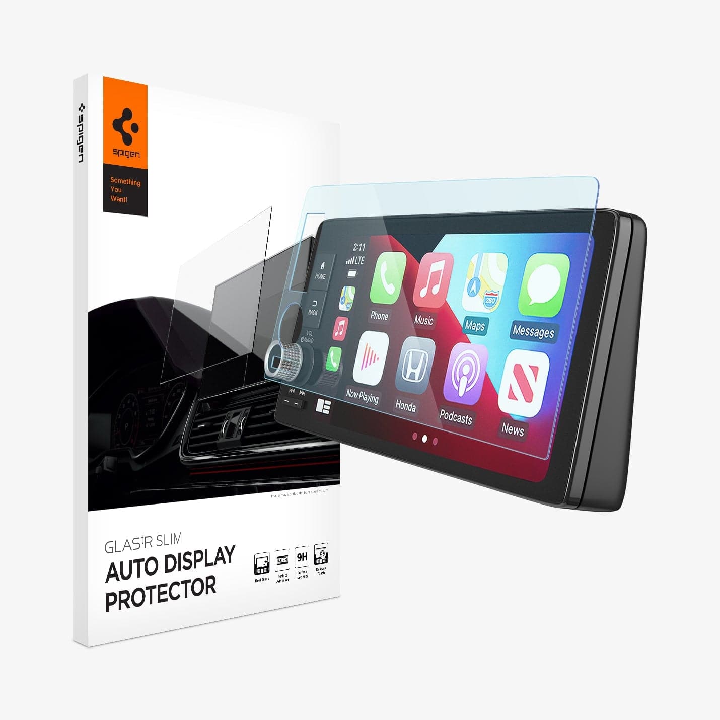 AGL05235 - Honda Civic 9" Screen Protector GLAS.tR Slim Anti-Glare showing the touch screen display, screen protector and packaging
