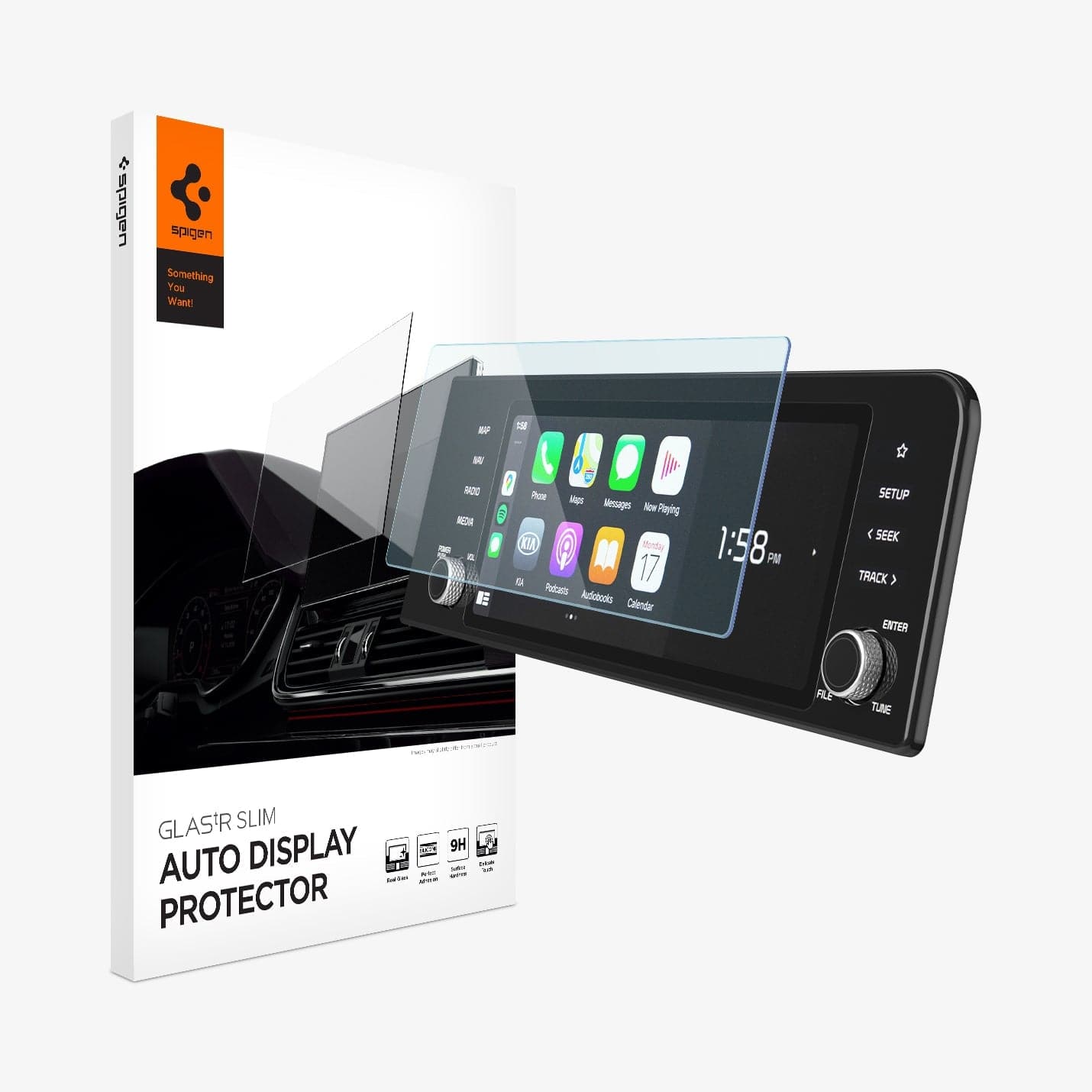AGL04580 - Hyundai Tucson Screen Protector GLAS.tR SLIM Anti-Glare showing the touch screen display, screen protector and packaging
