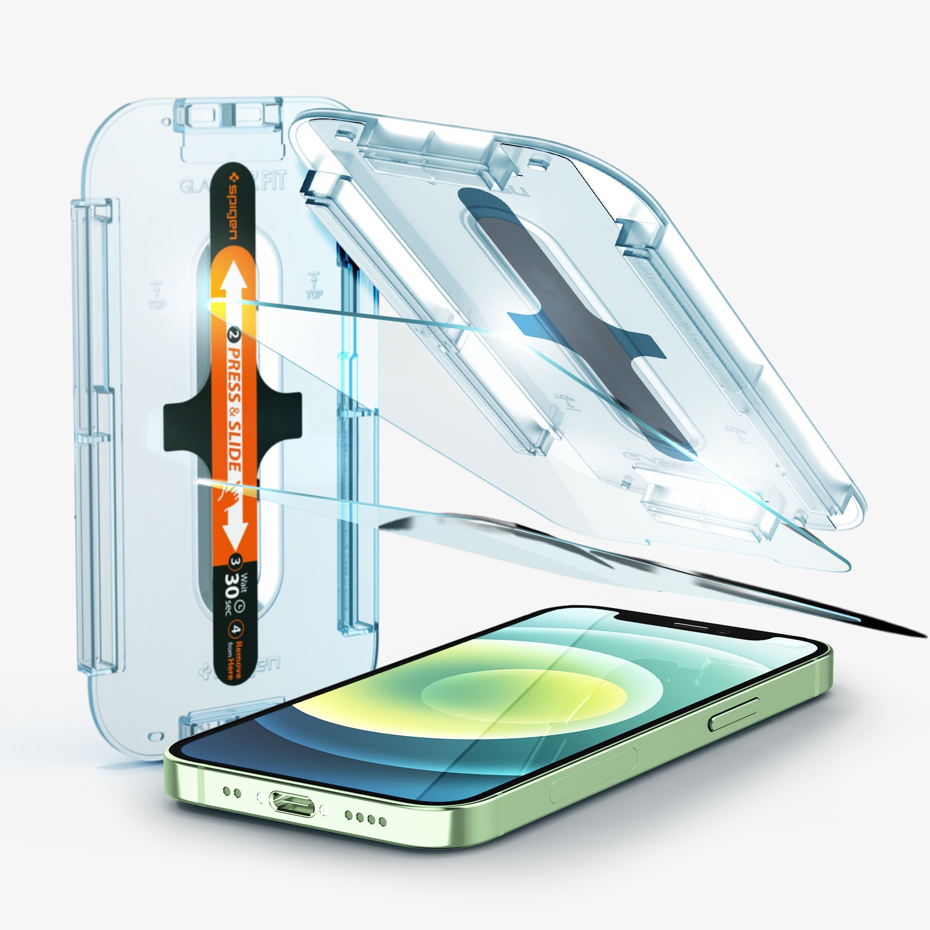 AGL01811 - iPhone 12 Mini Screen Protector EZ FIT GLAS.tR SLIM showing the tray, two screen protectors, and device