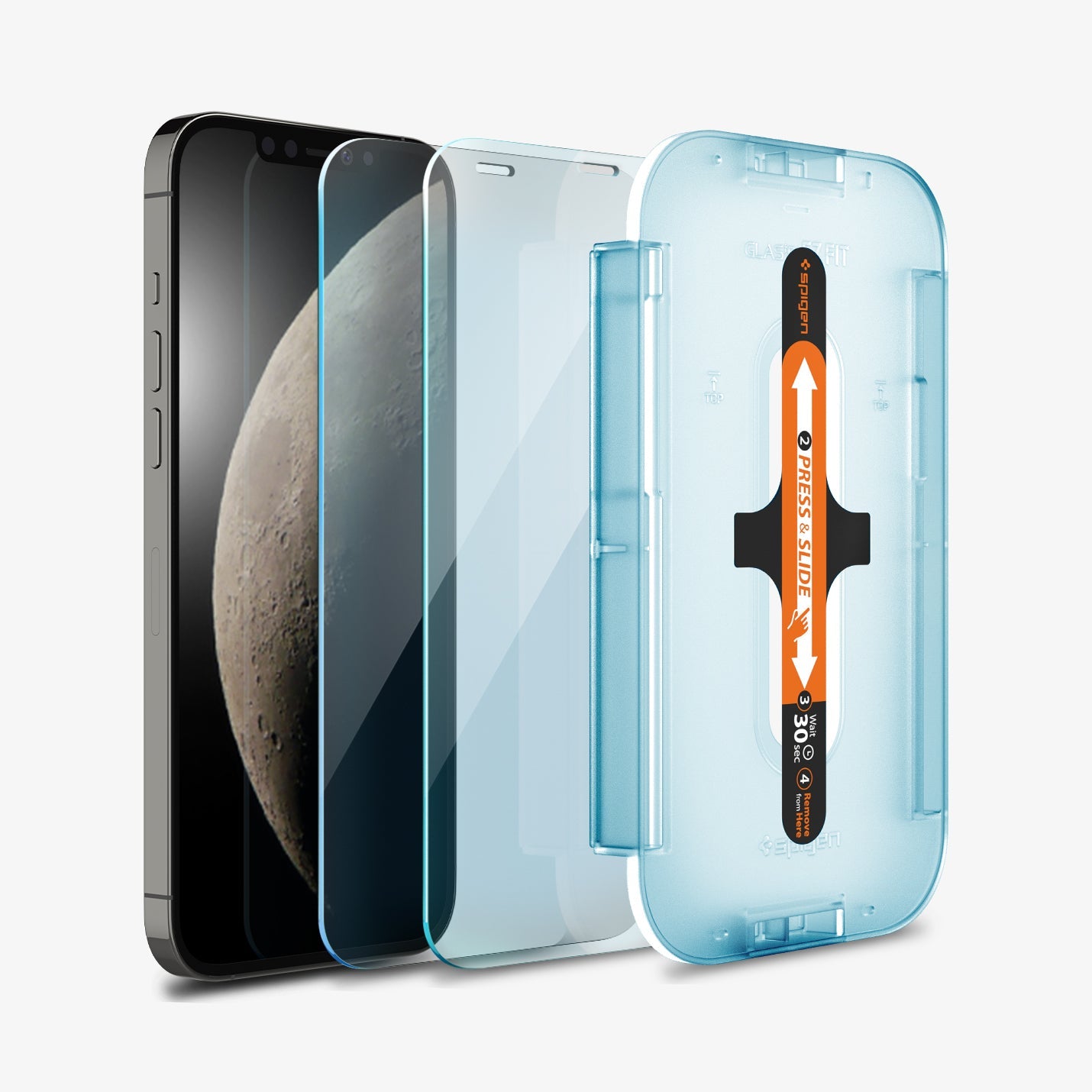 AGL01815 - iPhone 12 Mini Screen Protector EZ FIT GLAS.tR SLIM (Sensor Protection) showing the ez fit tray, film, screen protector and device