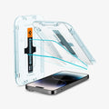 AGL05214 - iPhone 16e Screen Protector EZ FIT GLAS.tR (Sensor Protection) showing the device, two screen protectors, and ez fit tray
