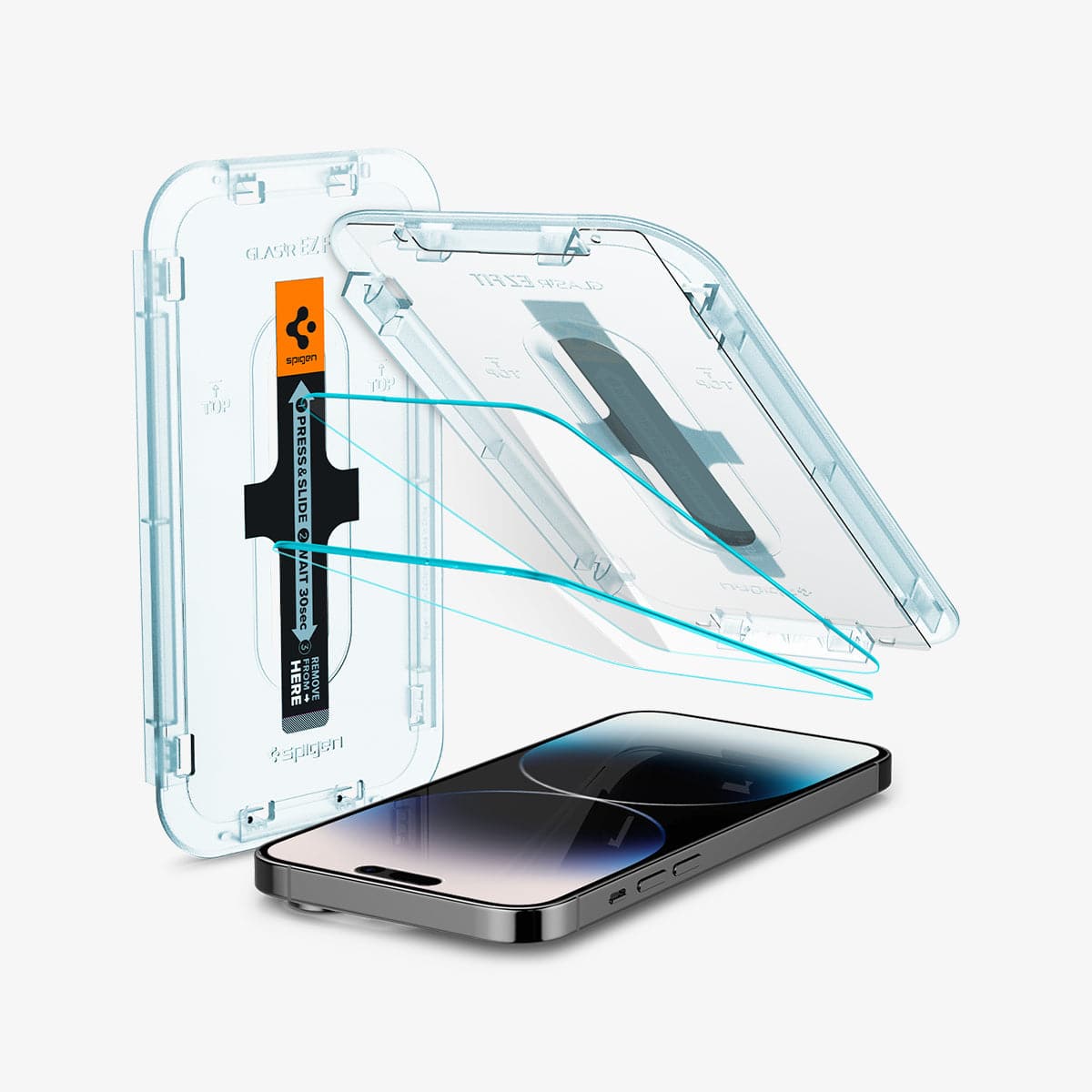 AGL05214 - iPhone 16e Screen Protector EZ FIT GLAS.tR (Sensor Protection) showing the device, two screen protectors, and ez fit tray