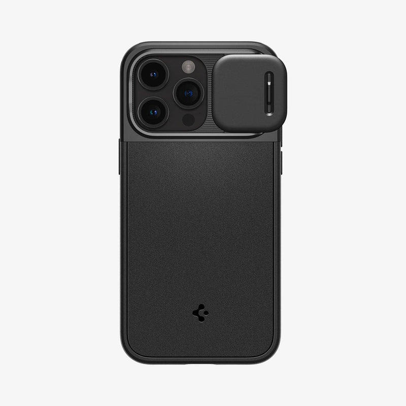 ACS06599 - iPhone 15 Pro Max Case Optik Armor (MagFit) in black showing the back with lens slot open