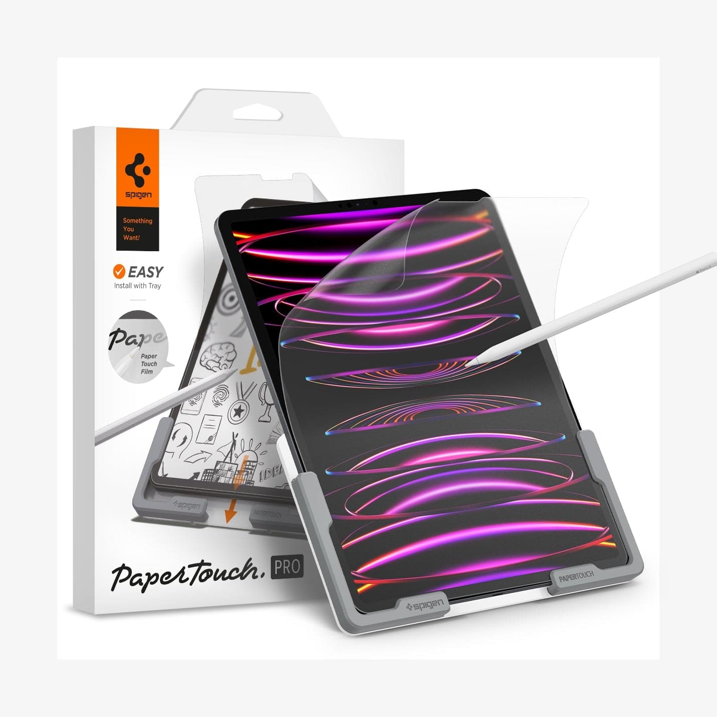 AFL05859 - iPad Pro 12.9" (2022/2021) Screen Protector Paper Touch Pro showing the device, screen protector, pencil in front of screen and packaging
