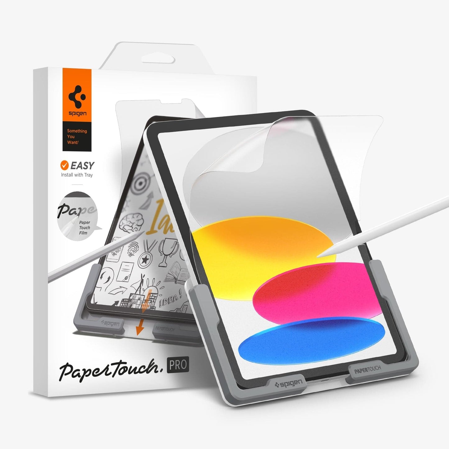AFL05537 - iPad 10.9" Screen Protector Paper Touch Pro showing the device, screen protector and packaging with pencil in front of screen