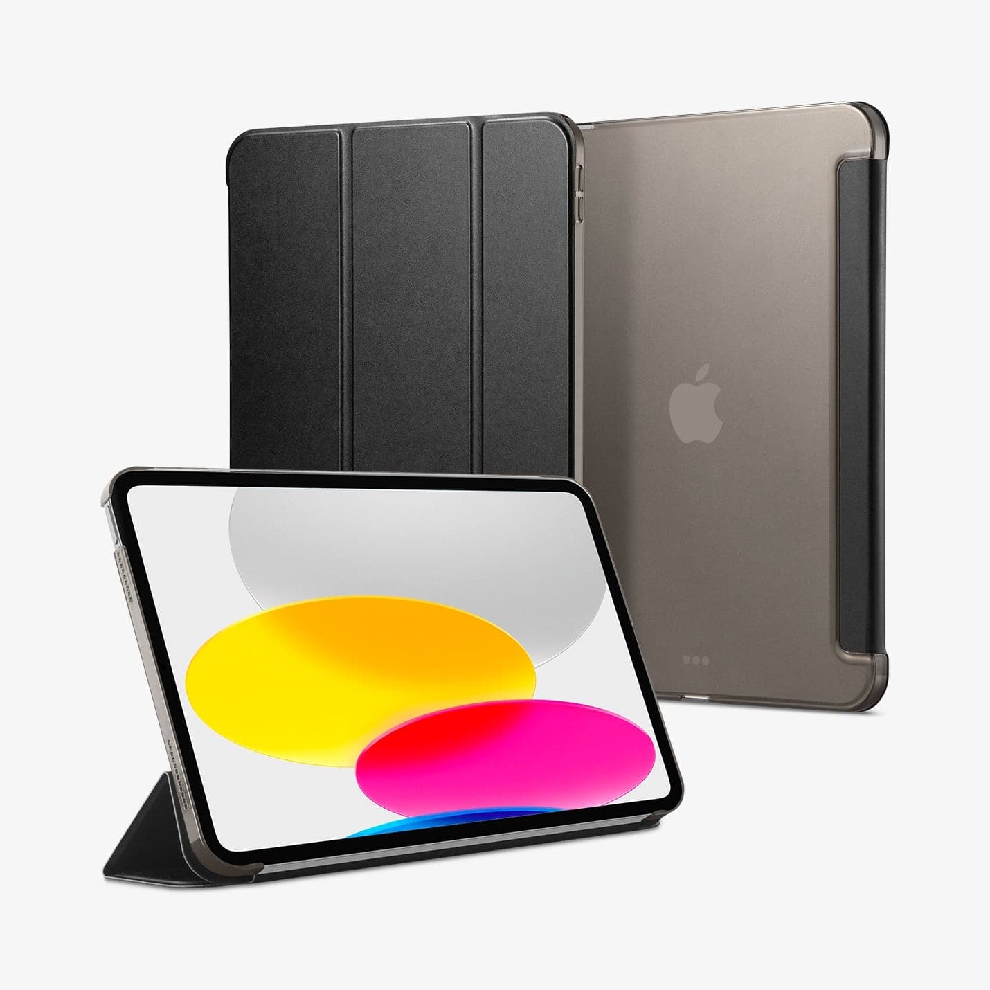 ACS05309 - iPad 10.9" Case Smart Fold in black showing the front, back and device propped up by built in kickstand