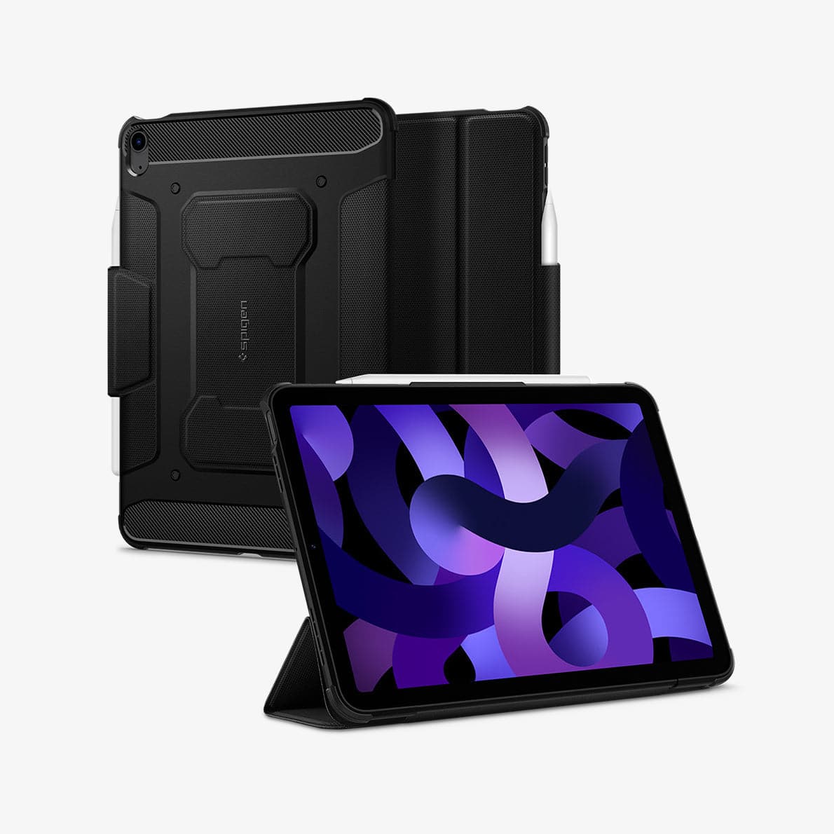 ACS02054 - iPad Air 10.9" (2022 / 2020) Case Rugged Armor Pro in black showing the back, front and device propped up by built in kickstand