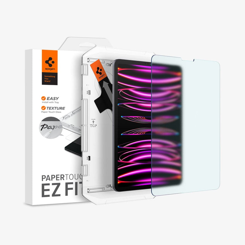 AGL06349 - iPad Pro 12.9" (2022/2021) Screen Protector Paper Touch EZ Fit showing the device, screen protector, ez fit tray and packaging