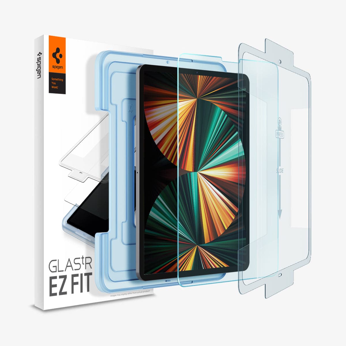 AGL02809 - iPad Pro 12.9" Screen Protector EZ FIT GLAS.tR showing the device, screen protector, ez fit tray and packaging