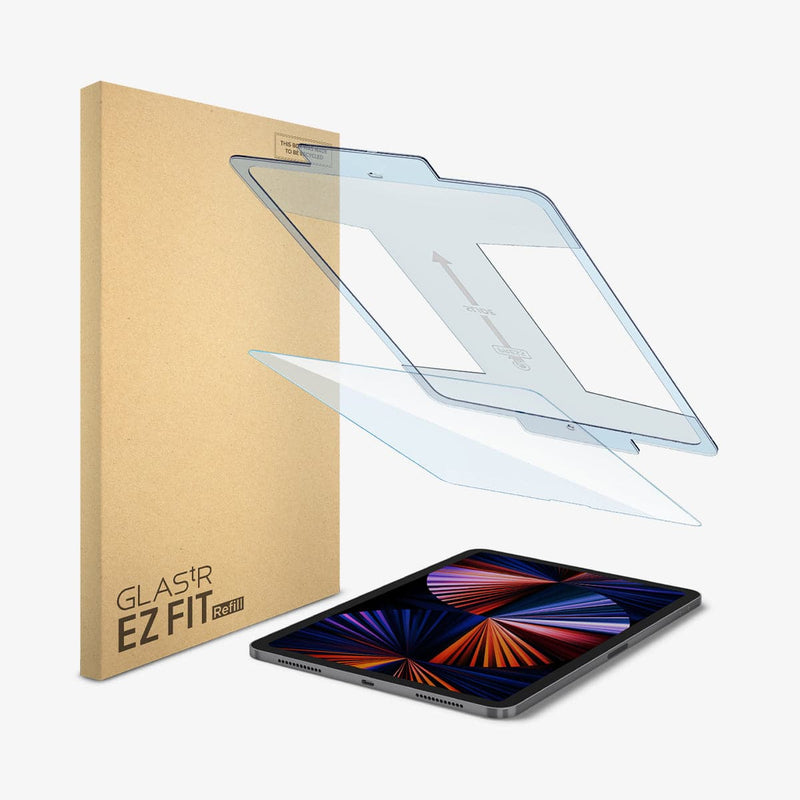 AGL04514 - iPad Pro 12.9" Screen Protector EZ FIT GLAS.tR Refill showing the device, screen protector, ez fit tray and packaging