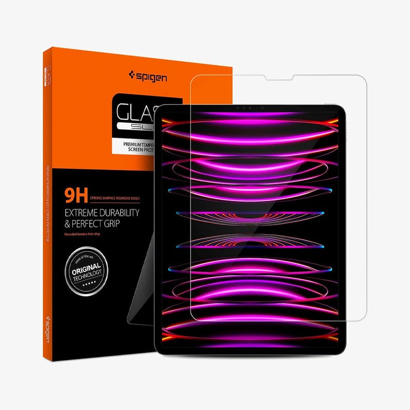 AGL01861 - iPad Pro 12.9" (2021/2020/2018) Screen Protector Glas.tR SLIM showing the device, screen protector and packaging