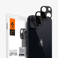 AGL03395 - iPhone 13 Mini / iPhone 13 Optik Lens Protector in black showing the packaging, device and two lens protectors