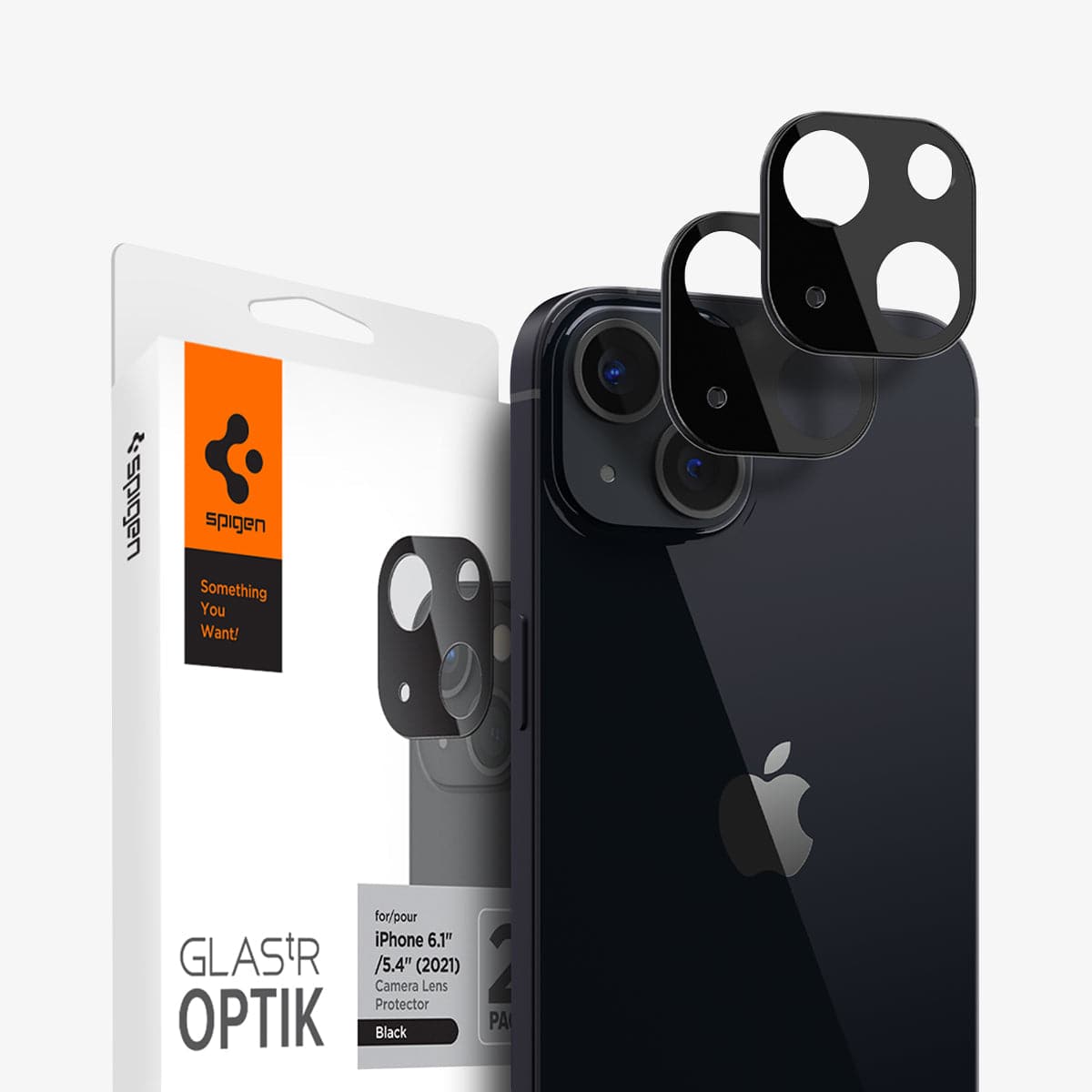 AGL03395 - iPhone 13 Mini / iPhone 13 Optik Lens Protector in black showing the packaging, device and two lens protectors