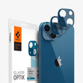 AGL04037 - iPhone 13 Mini / iPhone 13 Optik Lens Protector in blue showing the packaging, device and two lens protectors