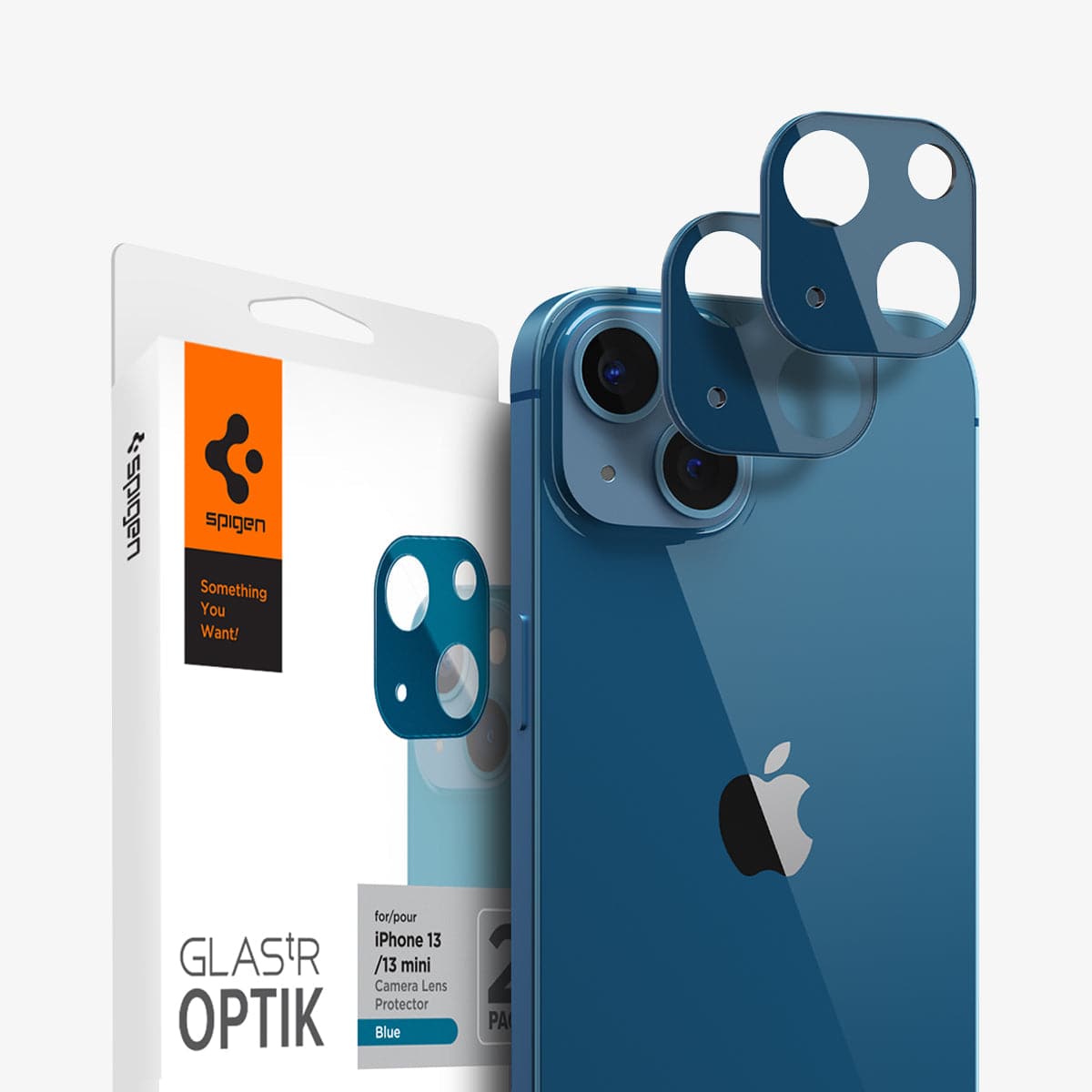 AGL04037 - iPhone 13 Mini / iPhone 13 Optik Lens Protector in blue showing the packaging, device and two lens protectors
