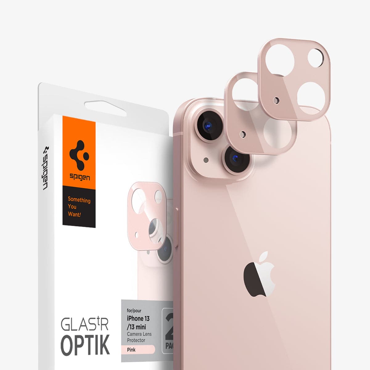 AGL04036 - iPhone 13 Mini / iPhone 13 Optik Lens Protector in pink showing the packaging, device and two lens protectors