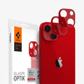 AGL04039 - iPhone 13 Mini / iPhone 13 Optik Lens Protector in red showing the packaging, device and two lens protectors