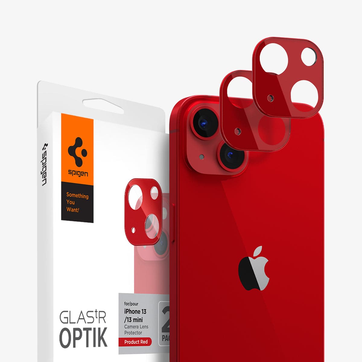 AGL04039 - iPhone 13 Mini / iPhone 13 Optik Lens Protector in red showing the packaging, device and two lens protectors