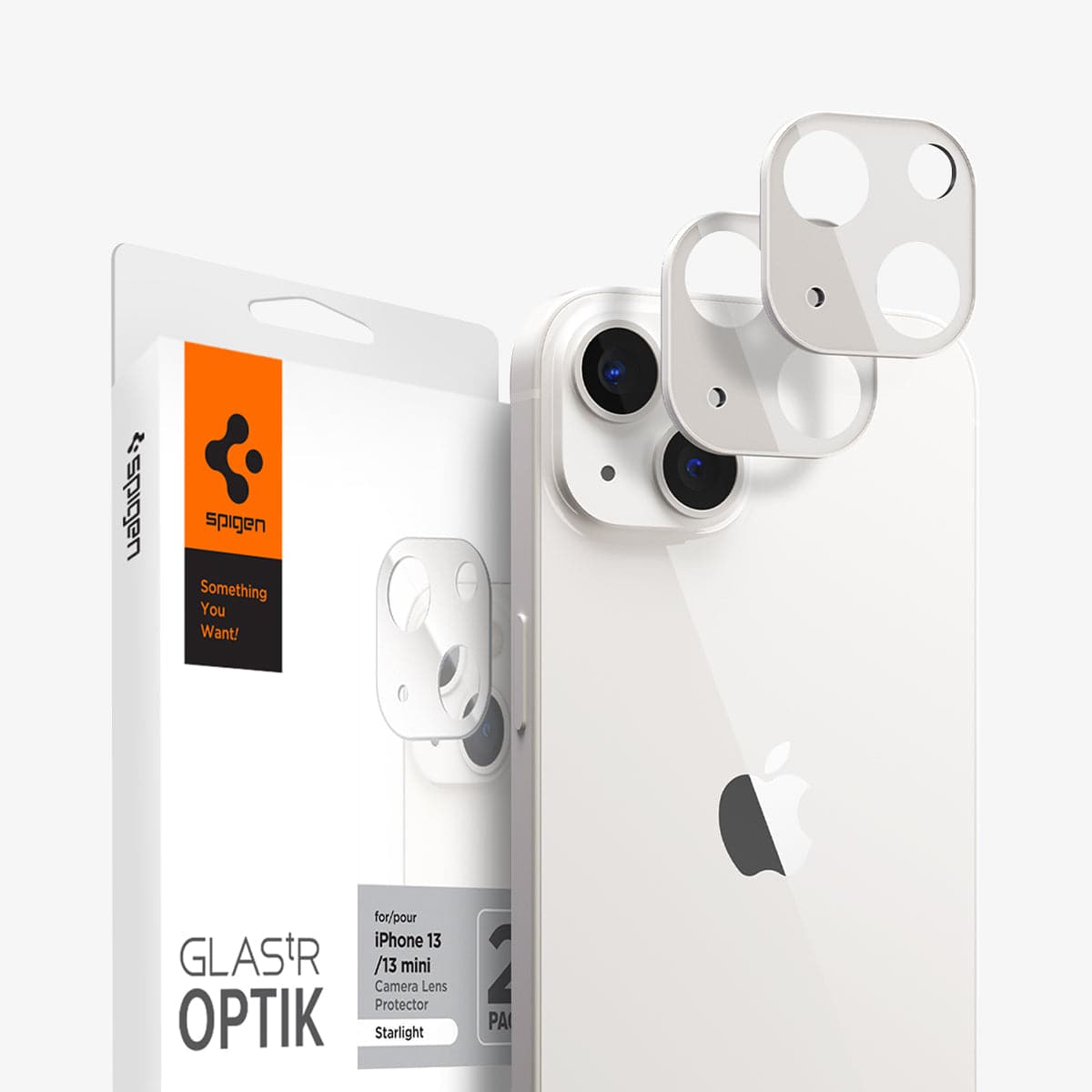 AGL04038 - iPhone 13 Mini / iPhone 13 Optik Lens Protector in starlight showing the packaging, device and two lens protectors