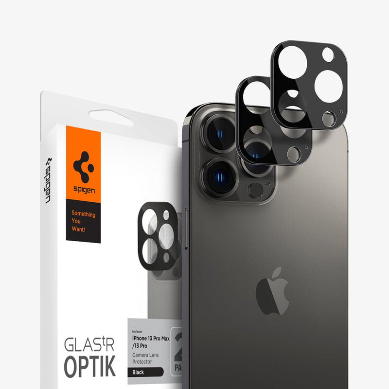 AGL03381 - iPhone 13 Pro Max / iPhone 13 Pro Optik Lens Protector in black showing the packaging, device and two lens protectors