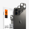 AGL04035 - iPhone 13 Pro Max / iPhone 13 Pro Optik Lens Protector in graphite showing the packaging, device and two lens protectors