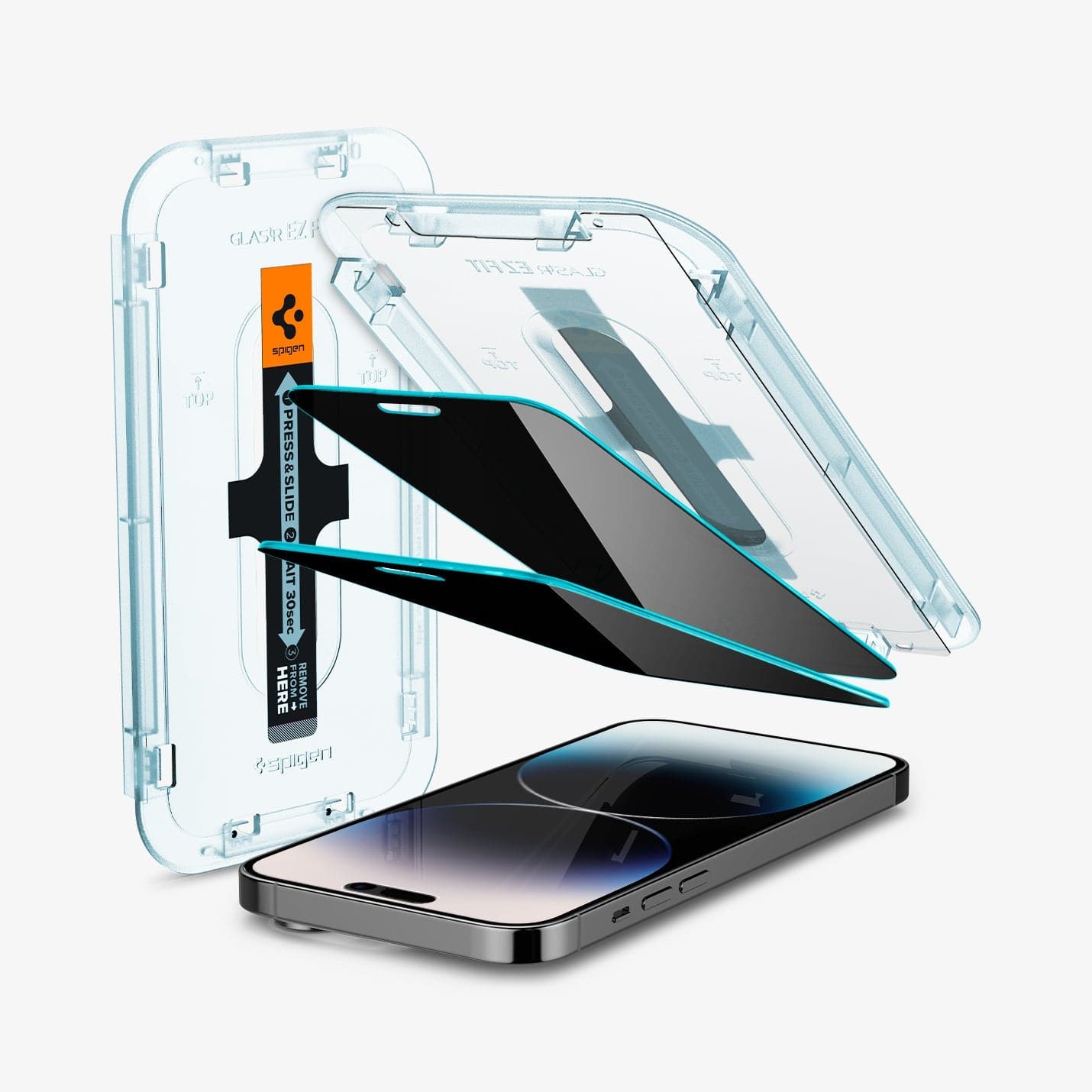 AGL05215 - iPhone 14 Pro Screen Protector EZ FIT GLAS.tR Privacy showing the device, two screen protectors, and ez fit tray