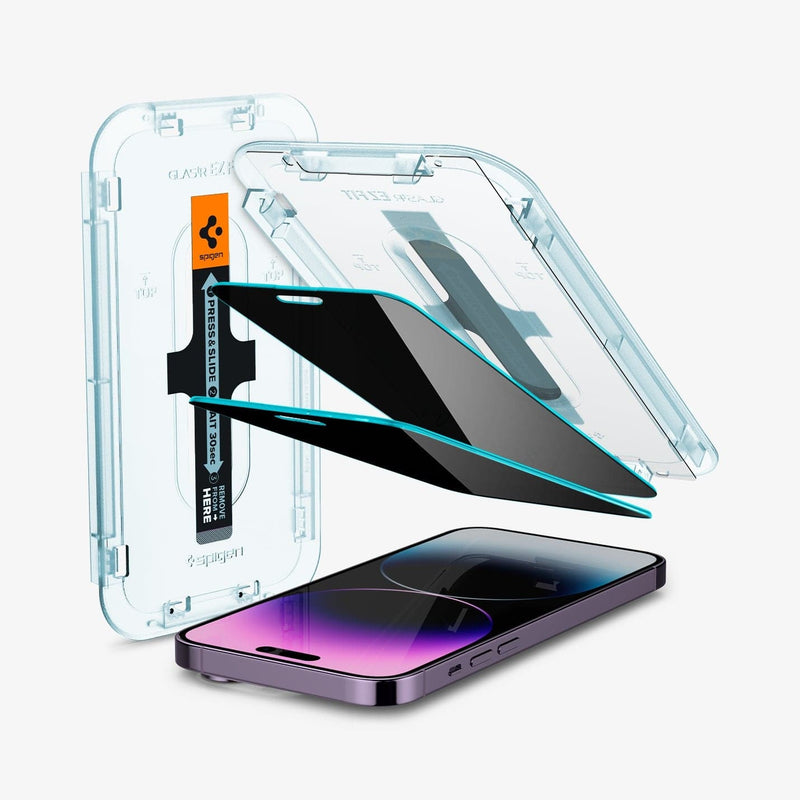 AGL05203 - iPhone 14 Pro Max Screen Protector EZ FIT GLAS.tR Privacy showing the device, two screen protectors, and ez fit tray