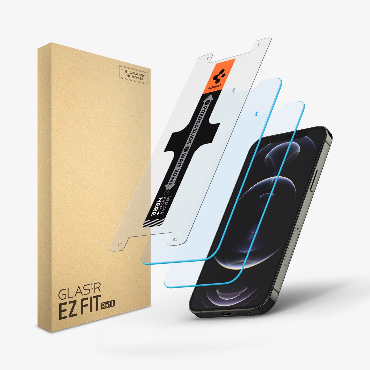 AGL04422 - iPhone 12 / 12 Pro Screen Protector EZ FIT GLAS.tR SLIM Refill showing the device, two screen protectors, align sticker guide, and packaging