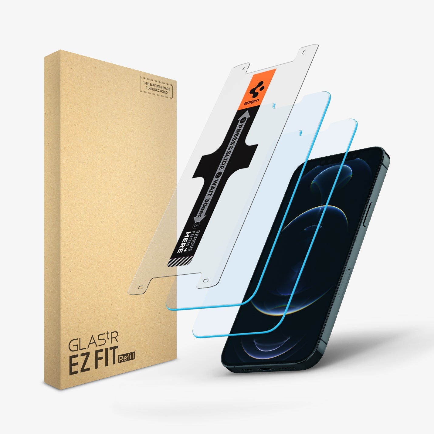 AGL04421 - iPhone 12 Pro Max Screen Protector EZ FIT GLAS.tR SLIM Refill showing the device, two screen protectors, align sticker guide, and packaging
