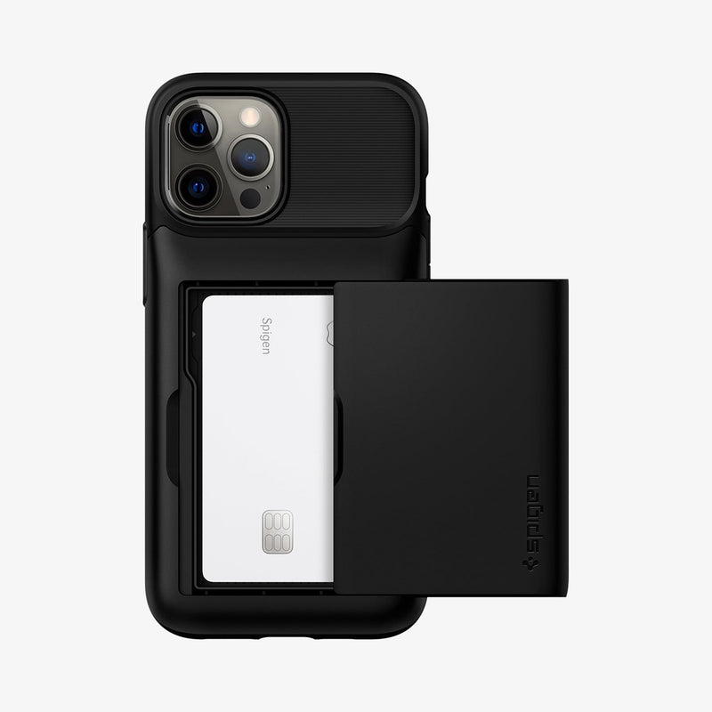 ACS01483 - iPhone 12 Pro Max Case Slim Armor Wallet in black showing the back with card in slot