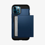 ACS02297 - iPhone 12 / iPhone 12 Pro Case Slim Armor CS in navy blue showing the back with card slot slightly open