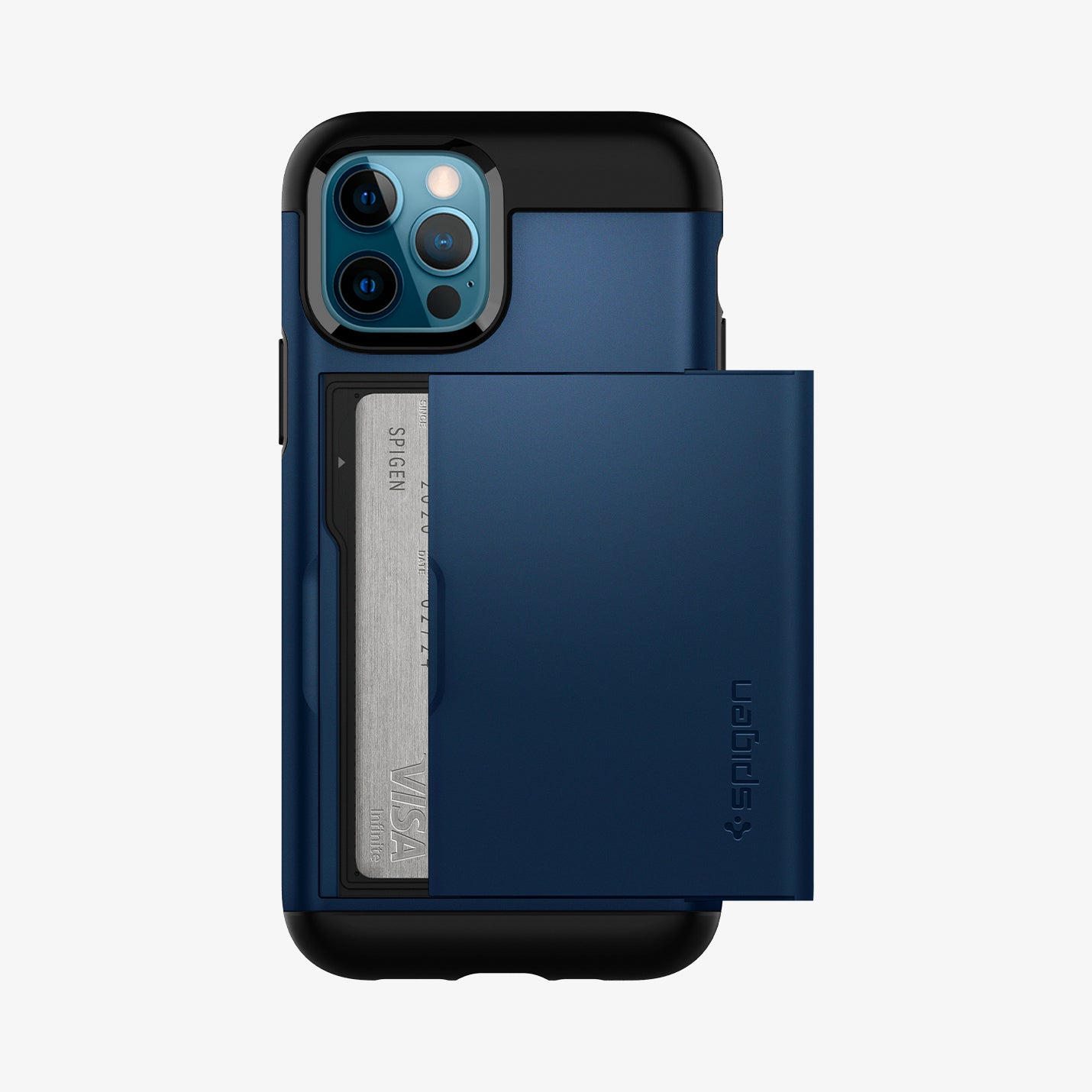 ACS02297 - iPhone 12 / iPhone 12 Pro Case Slim Armor CS in navy blue showing the back with card slot slightly open