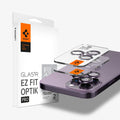 AGL05597 - iPhone 14 Pro / 14 Pro Max Optik Pro Lens Protector in deep purple showing the device, two optik pro lens protectors and packaging