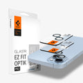 AGL05602 - iPhone 14 / 14 Plus Optik Pro Lens Protector in blue showing the device, two optik pro lens protectors and packaging
