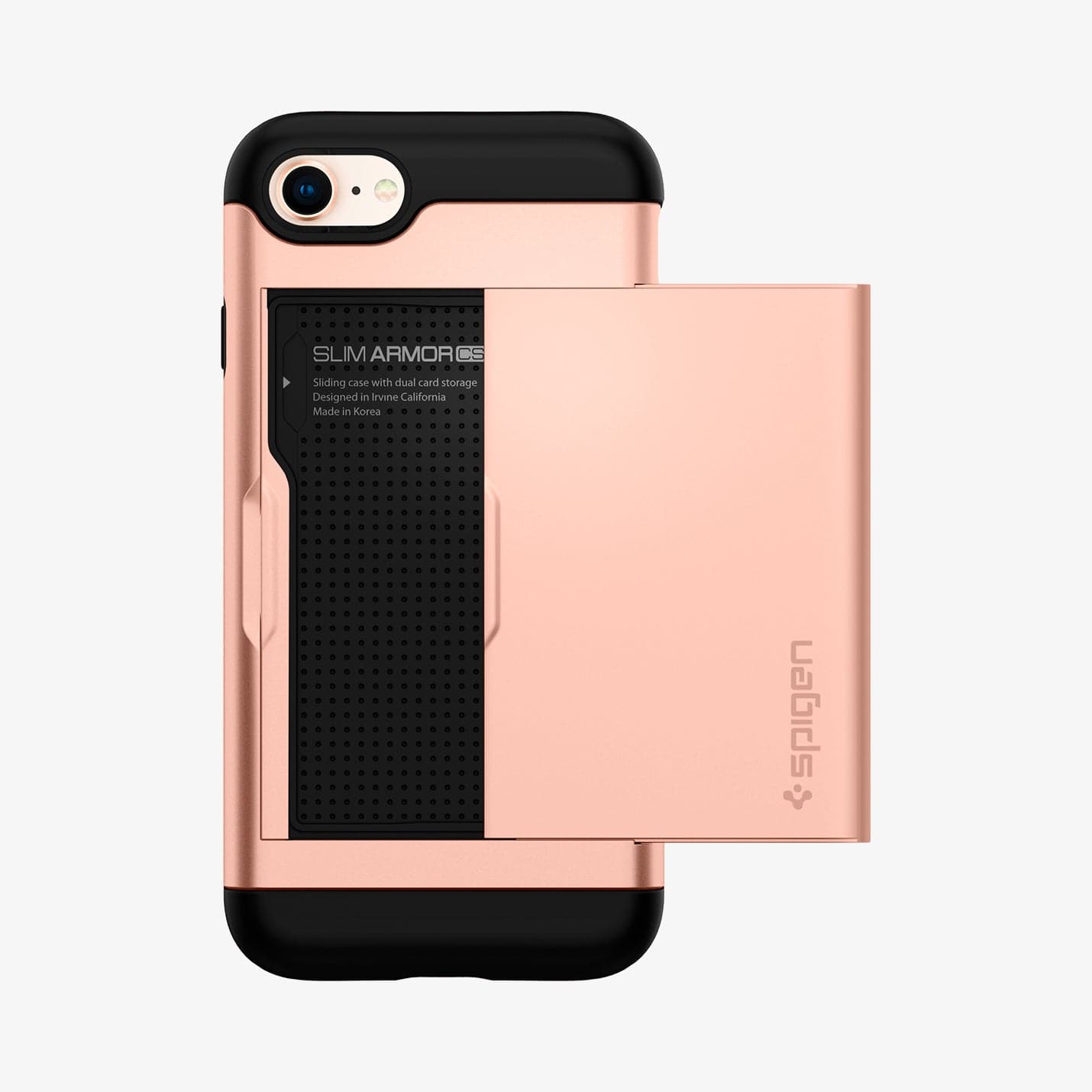054CS22570 - iPhone 7 Series Slim Armor CS Case in Blush Gold showing the back with card slider out