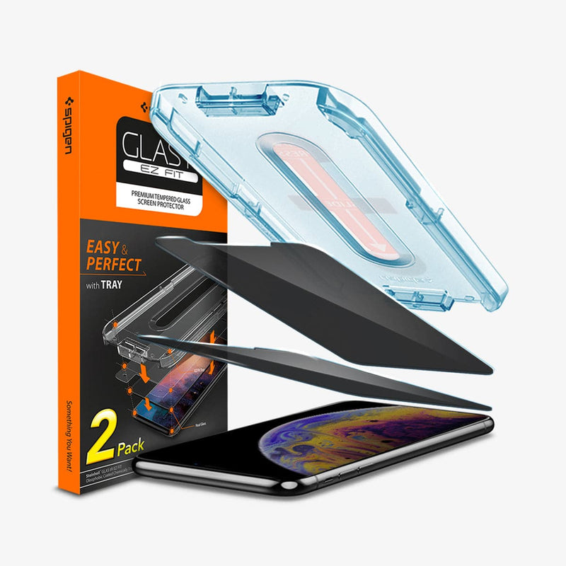 063GL25686 - iPhone X Series GLAS.tR EZ Fit Privacy Screen Protector showing the device, two screen protectors, ez fit tray and packaging